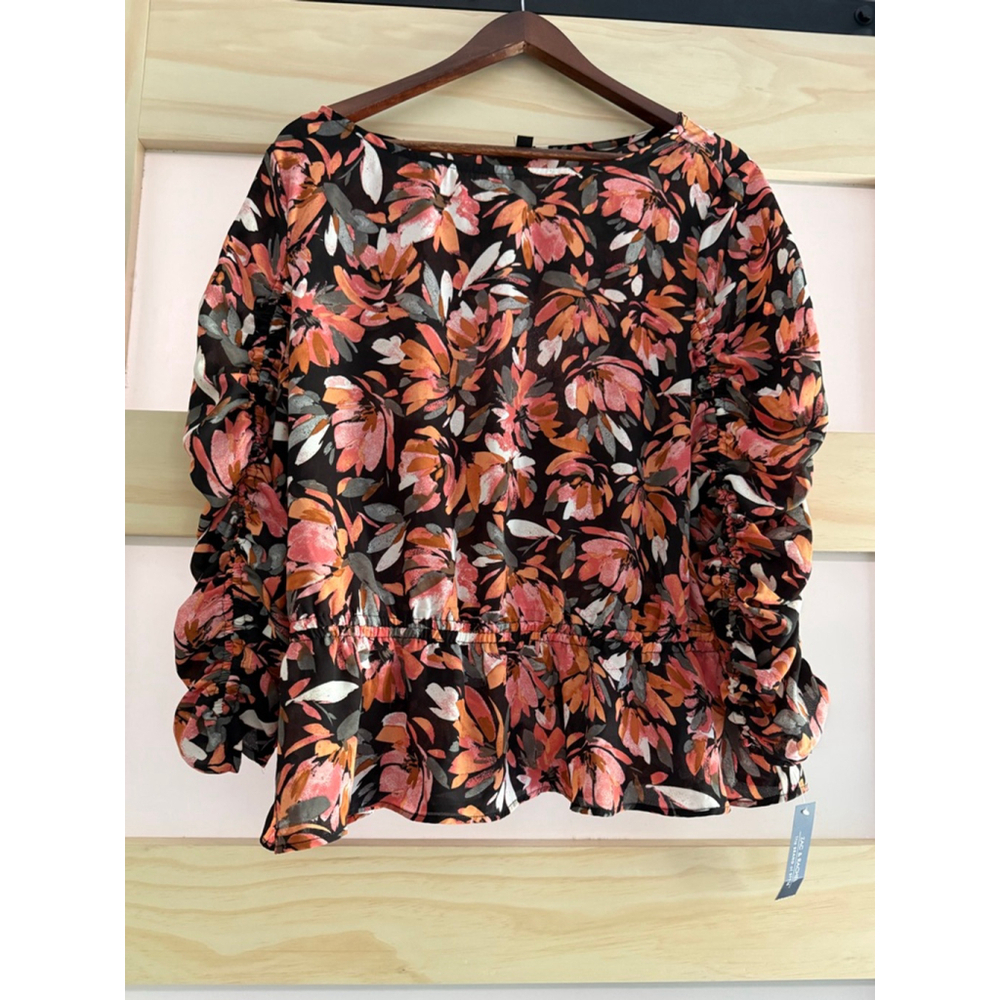 Zac & Rachel Black Blouse with Coral and Cream Floral Print